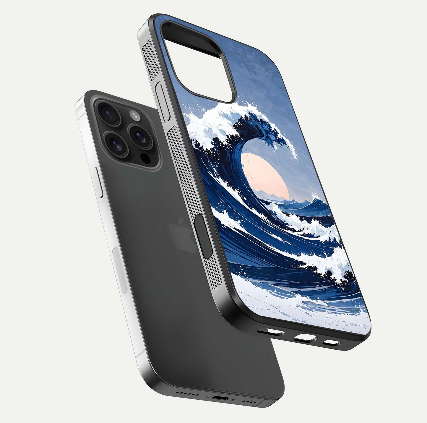 Rising Tide Power Glass Case for iPhone 16 Pro Max floating dual-view mockup displaying gloss texture and flow pattern