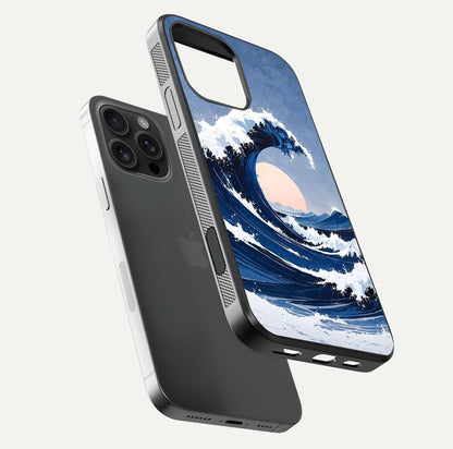 Rising Tide Power Glass Case for iPhone 16 Pro Max floating dual-view mockup displaying gloss texture and flow pattern