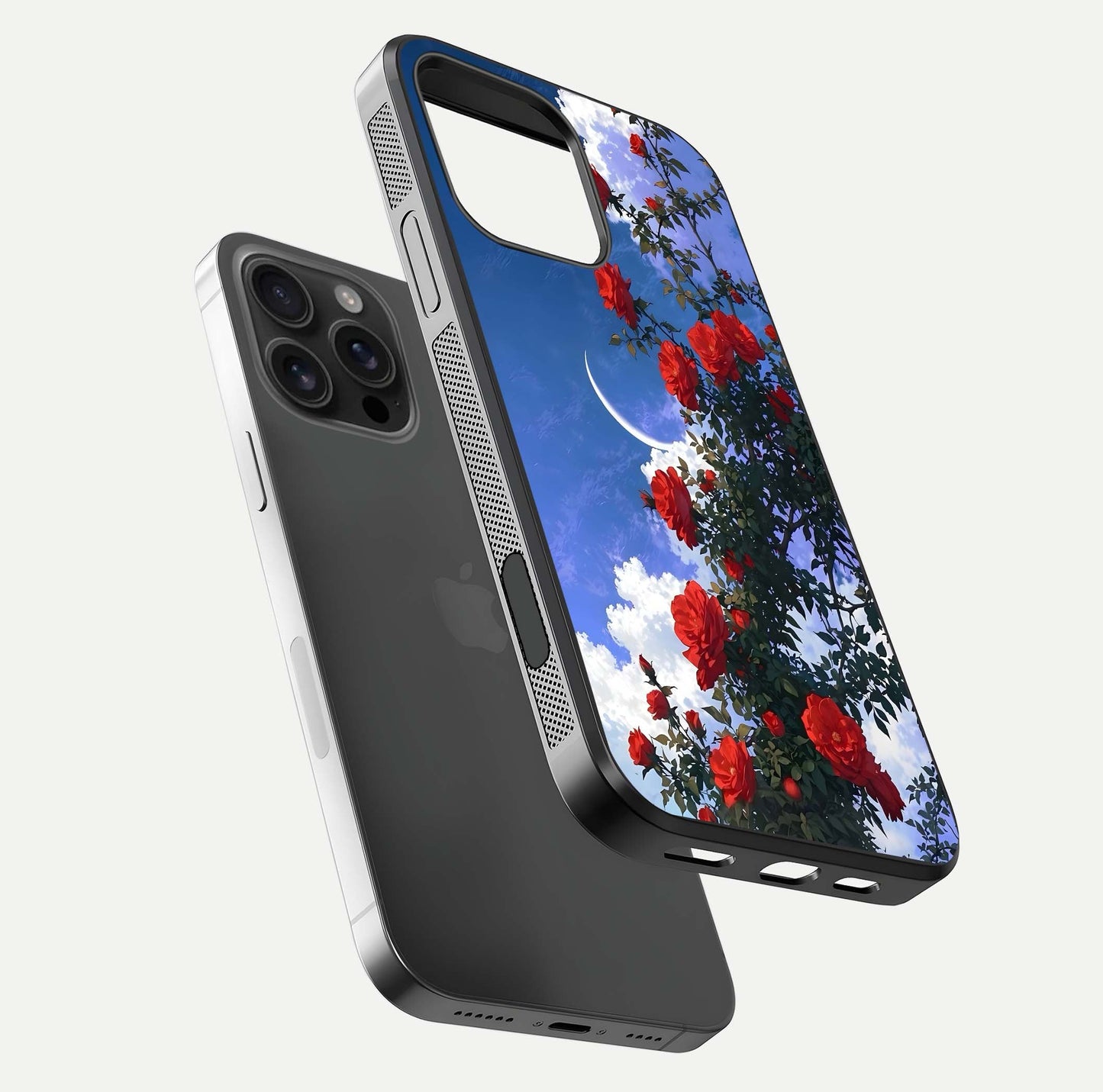 Rose Drift Flowers Glass Case for iPhone 16 Pro Max floating dual-view mockup showing gloss shine and floral tone