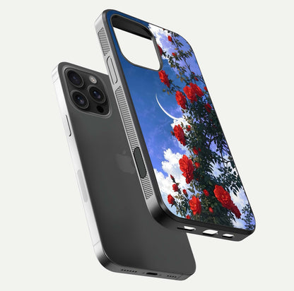 Rose Drift Flowers Glass Case for iPhone 16 Pro Max floating dual-view mockup showing gloss shine and floral tone