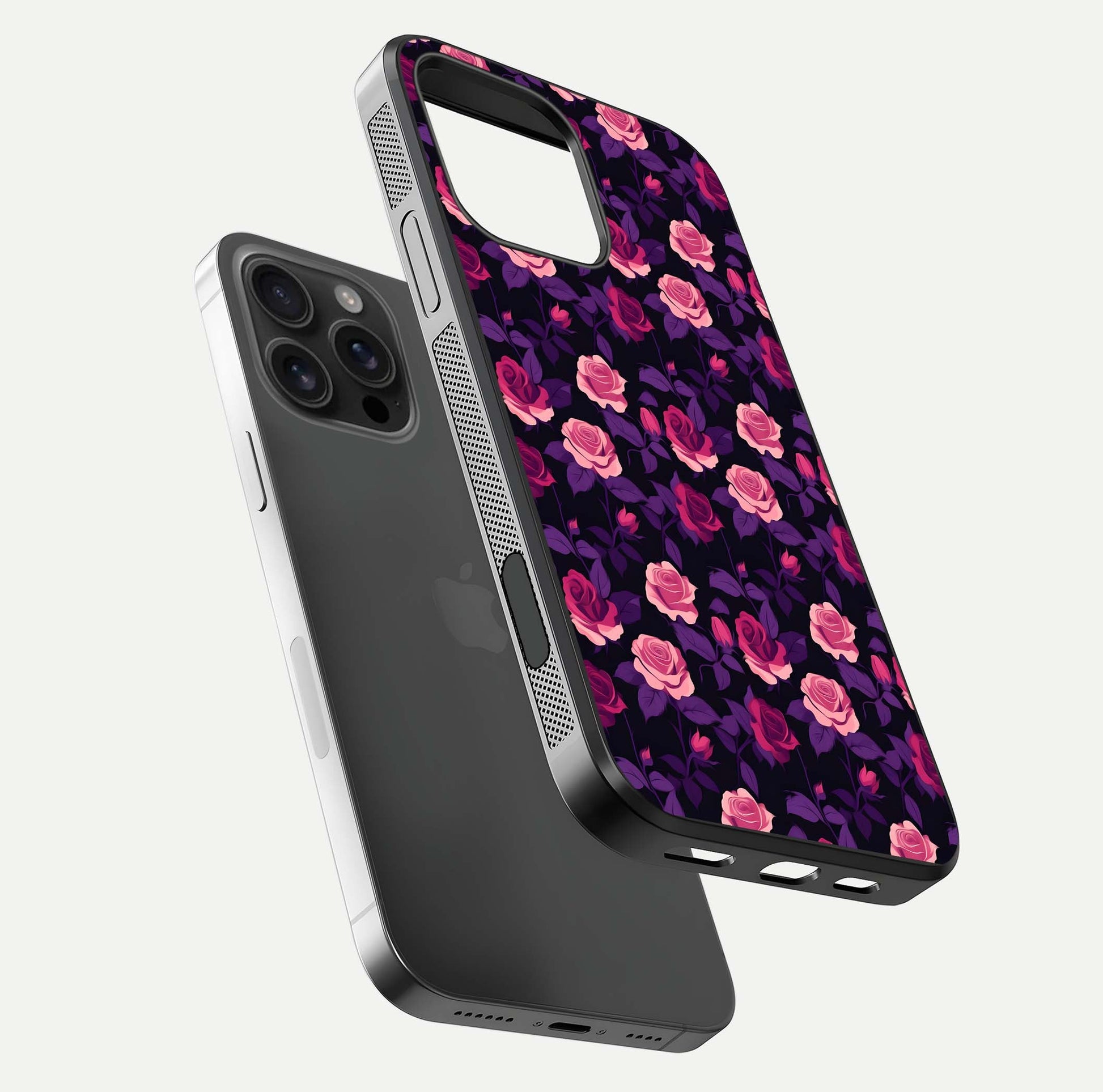Rose Garden Twilight Glass Case for iPhone 16 Pro Max floating dual-view mockup displaying gloss surface and depth