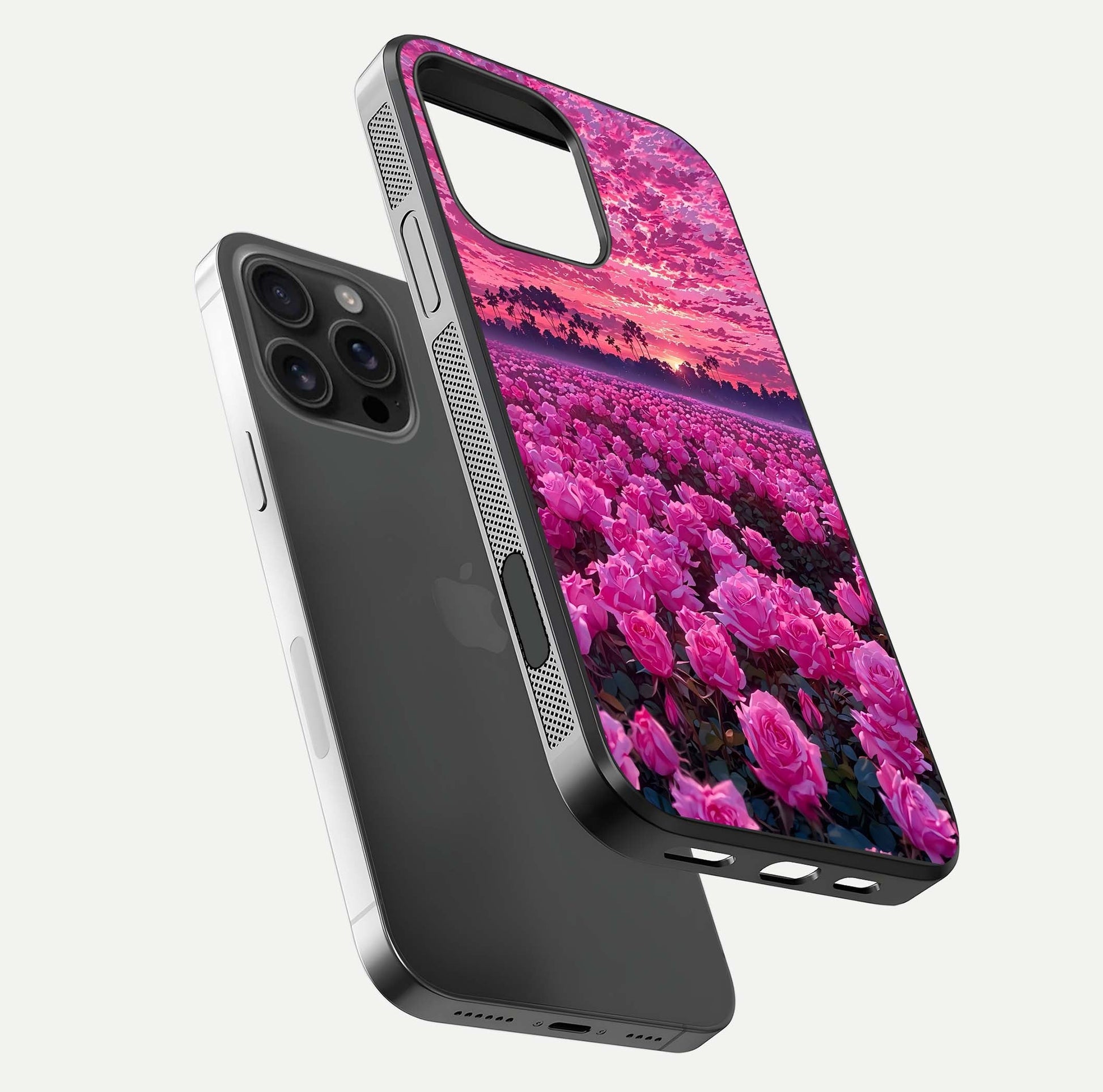 Rose Sunset Valley Glass Case for iPhone 16 Pro Max floating dual-view mockup showing gloss reflection and art depth