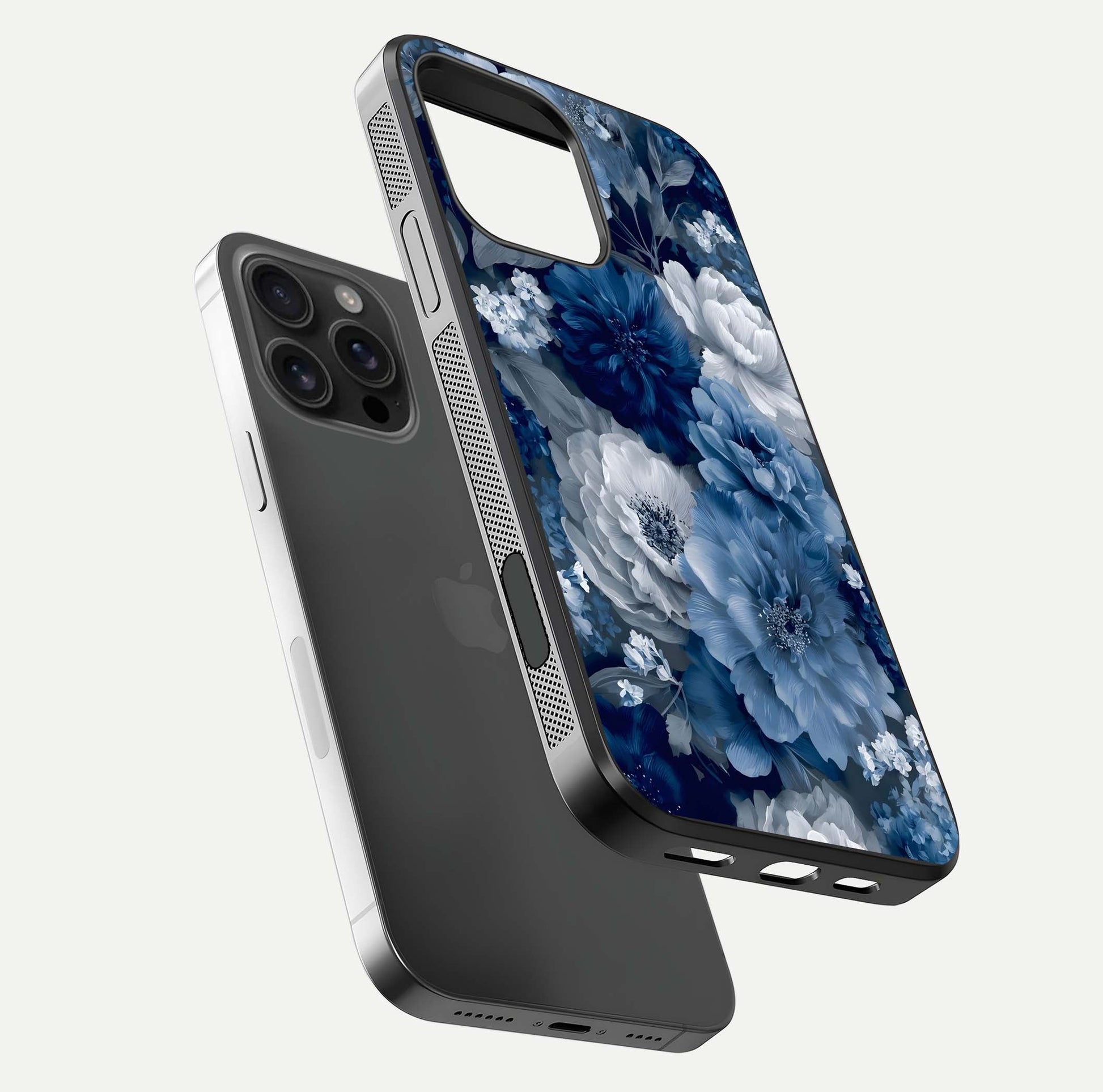 Royal Bloom Garden Glass Case for iPhone 16 Pro Max floating dual-view mockup displaying gloss and print clarity