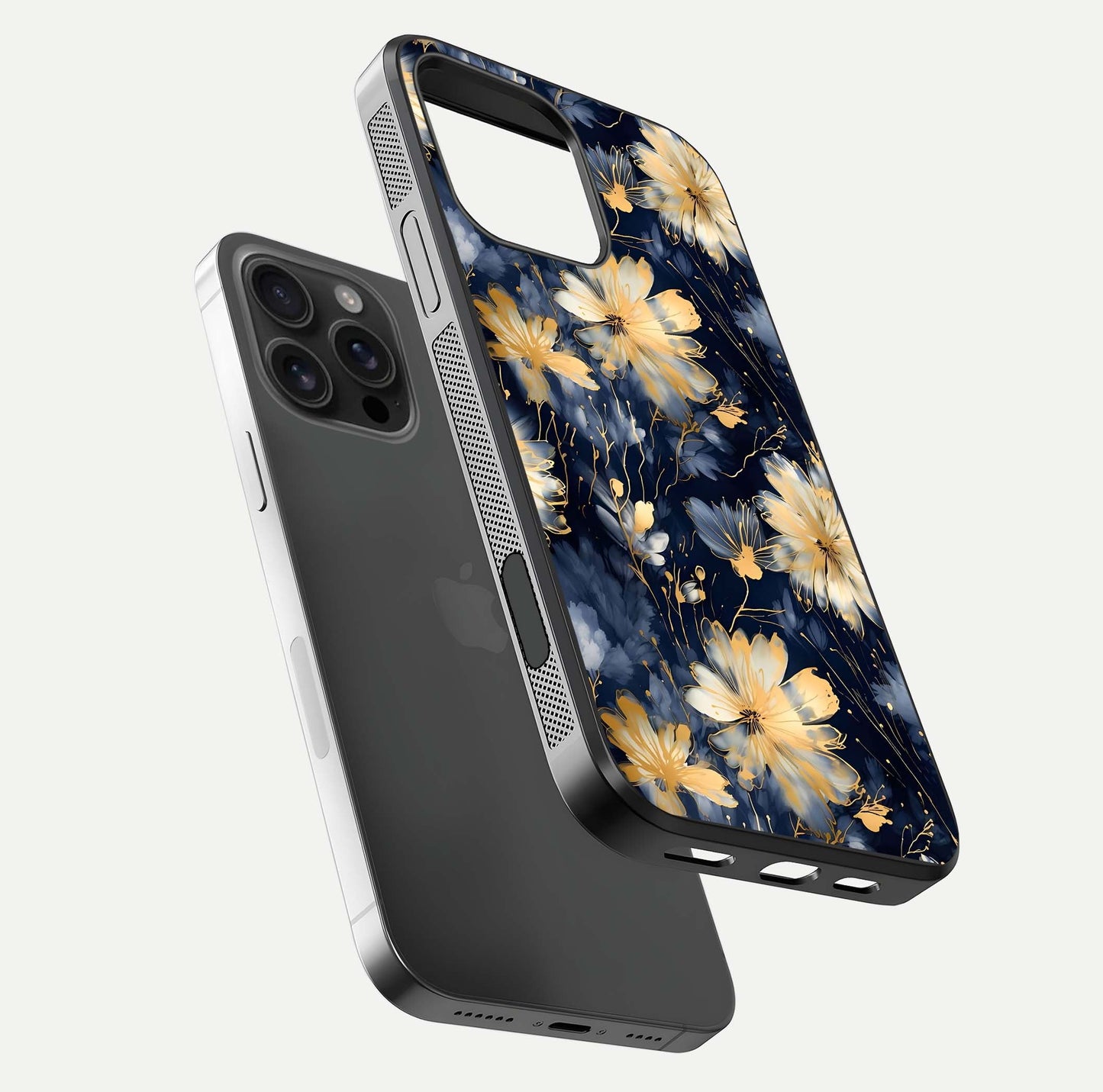 Royal Petal Dream Glass Case for iPhone 16 Pro Max floating dual-view mockup displaying gloss reflection and tone contrast