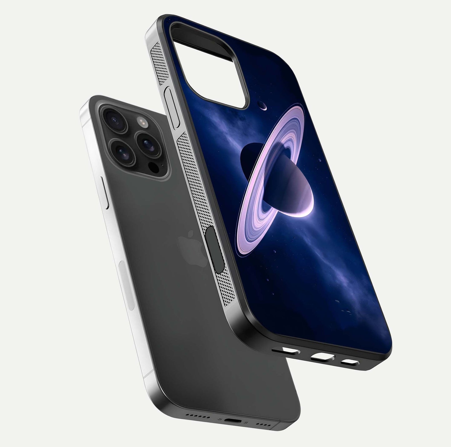 Saturn Ring Mystique Glass Case for iPhone 16 Pro Max floating dual-view mockup showing gloss finish and star detail