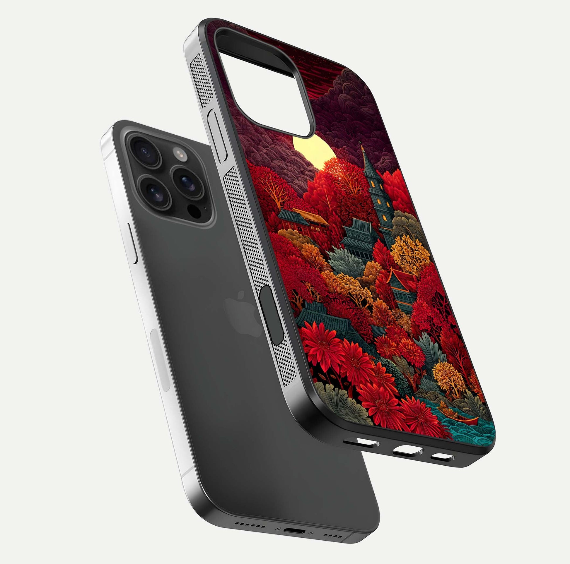 Scarlet Autumn Temple Glass Case for iPhone 16 Pro Max floating dual-view mockup displaying gloss shine and autumn tones