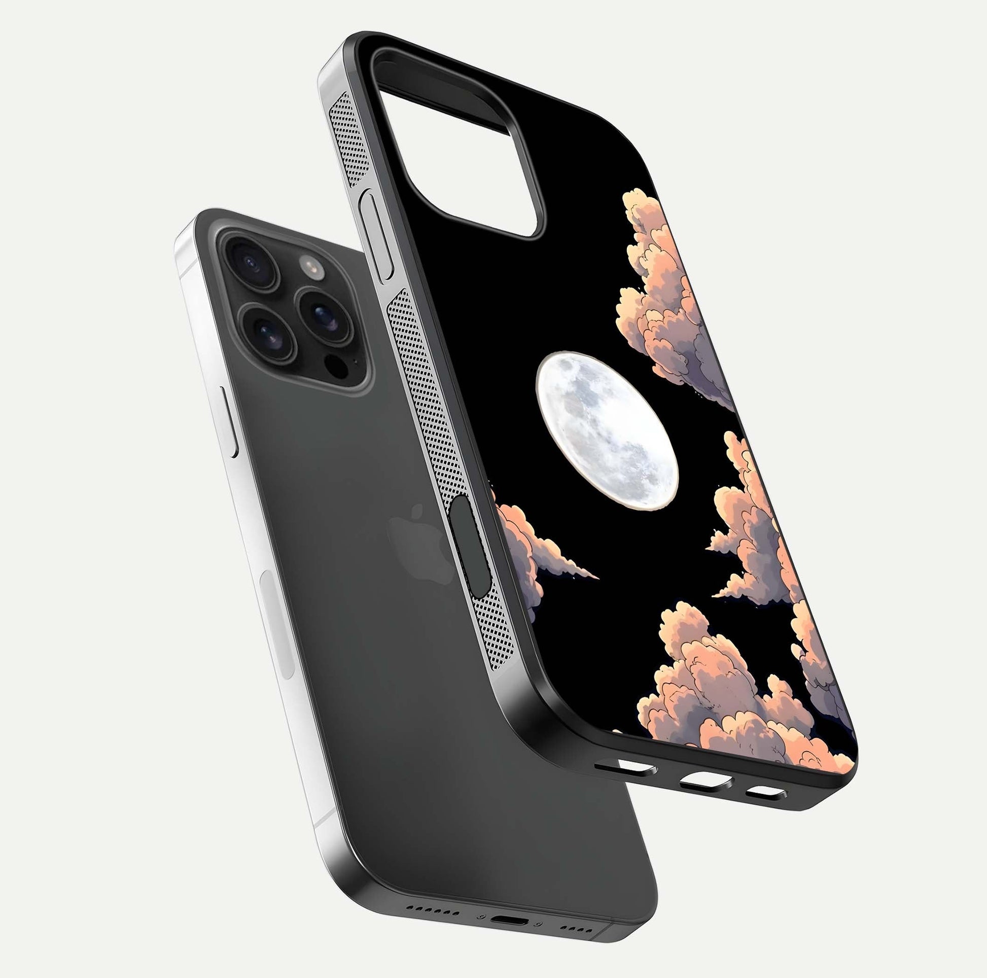 Shade Cloud Moon Glass Case for iPhone 16 Pro Max floating dual-view mockup showing gloss and celestial texture