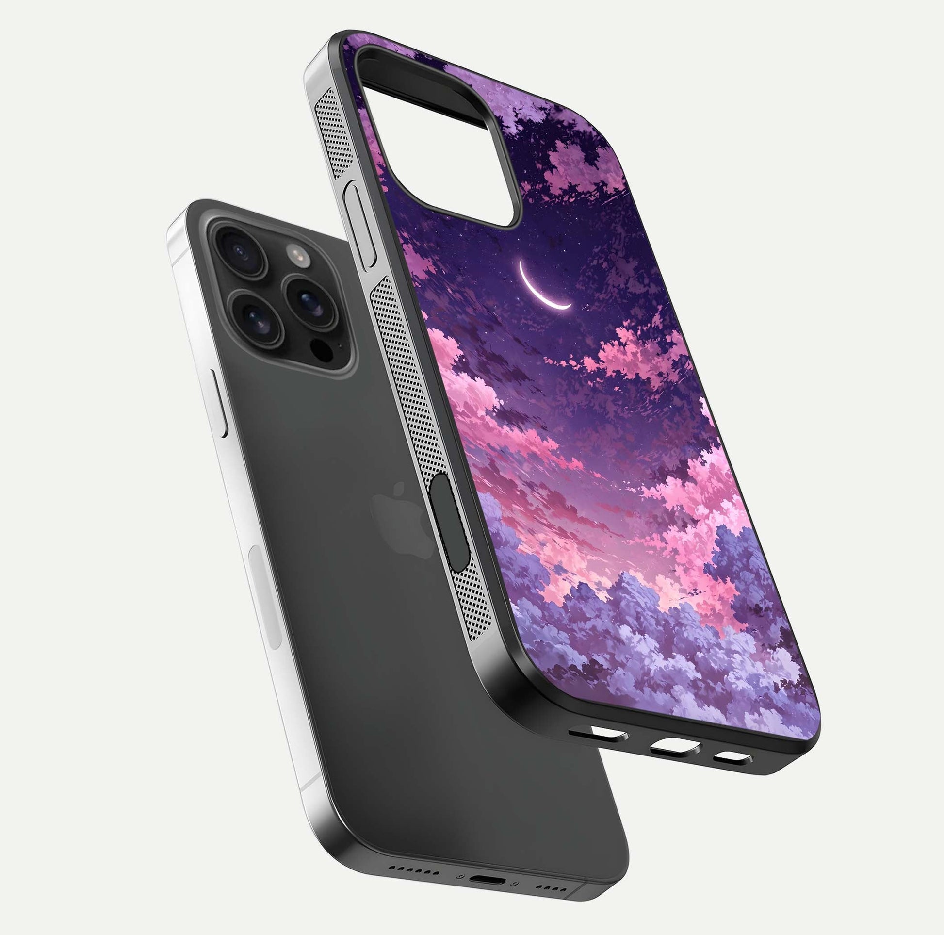 Sky Drift Clouds Glass Case for iPhone 16 Pro Max floating dual-view mockup displaying gloss shine and depth