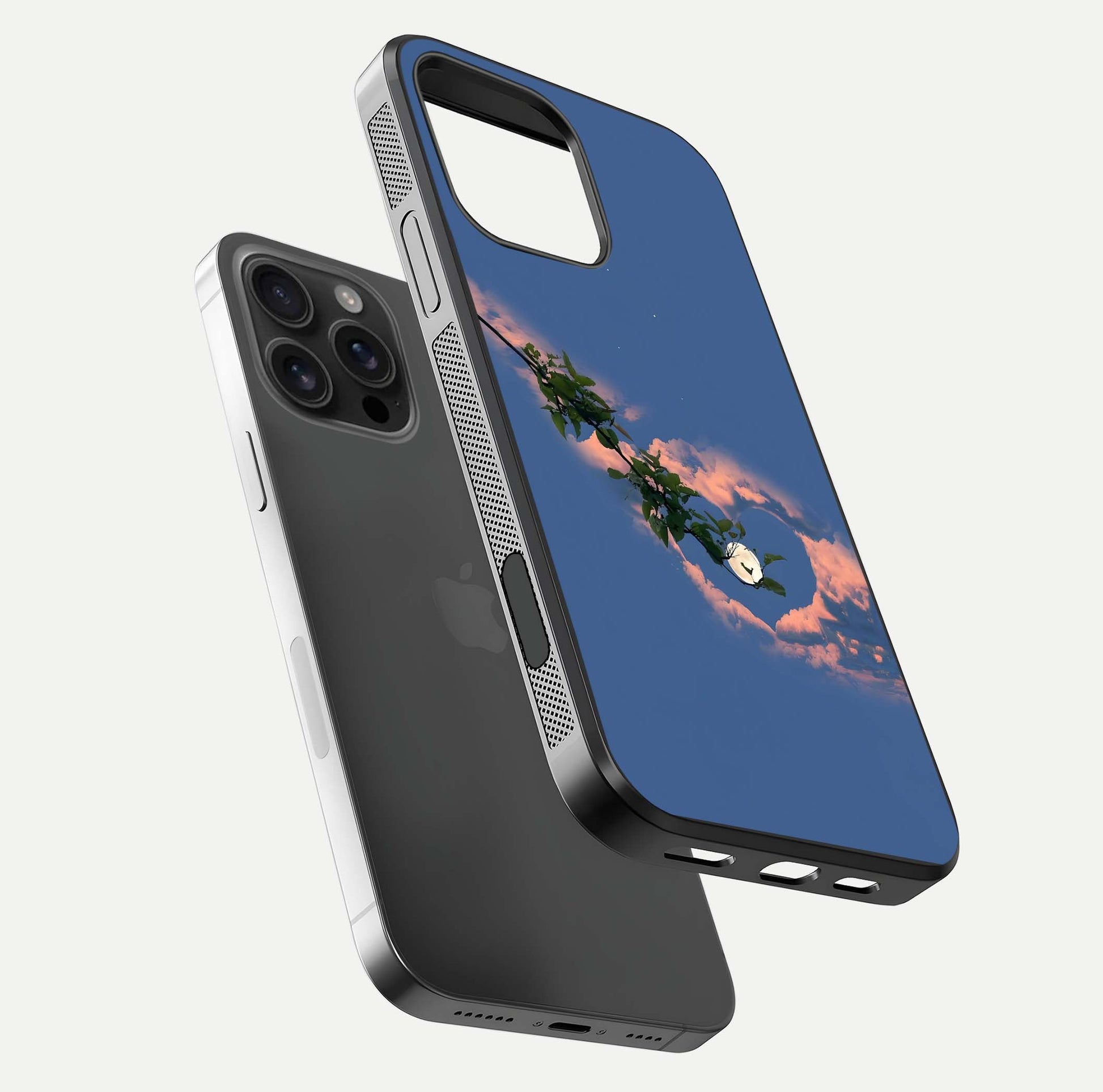 Sky Under Tree Glass Case for iPhone 16 Pro Max floating dual-view mockup displaying gloss reflection and landscape tone