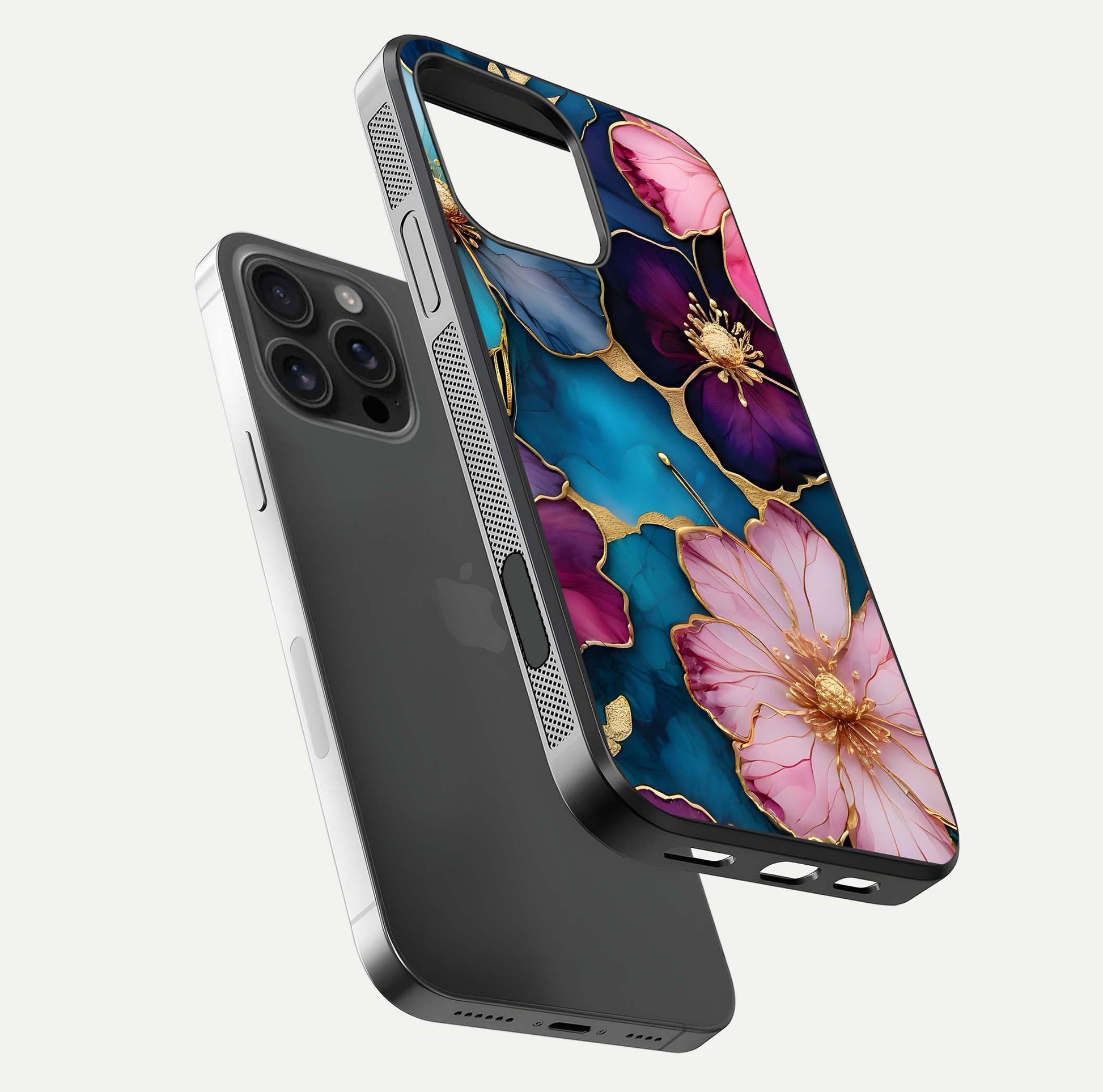 Sparkle Floral Glass Case for iPhone 16 Pro Max floating dual-view mockup displaying gloss surface and sparkle effect