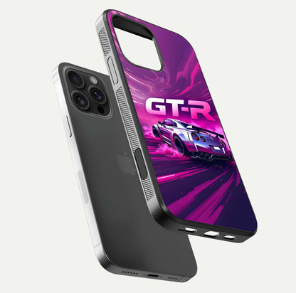 Speed Drift Legend Glass Case for iPhone 16 Pro Max floating dual-view mockup displaying gloss shine and motion effect