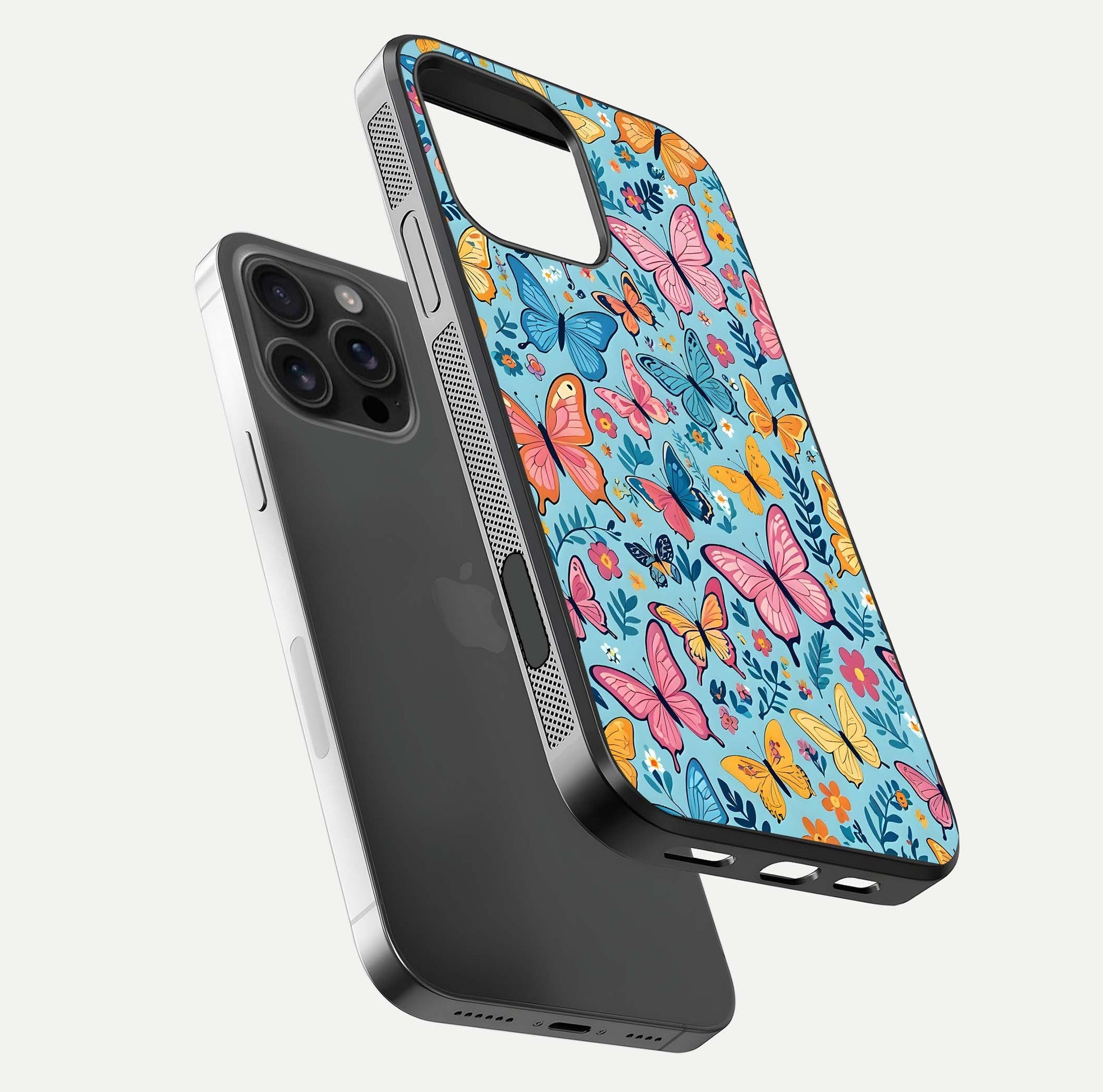 Spiritual Krishna Glass Case for iPhone 16 Pro Max floating dual-view mockup displaying gloss shine and divine detail