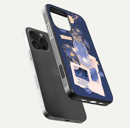 Starlit Cosmic Jar Glass Case for iPhone 16 Pro Max floating dual-view mockup displaying gloss and starry depth