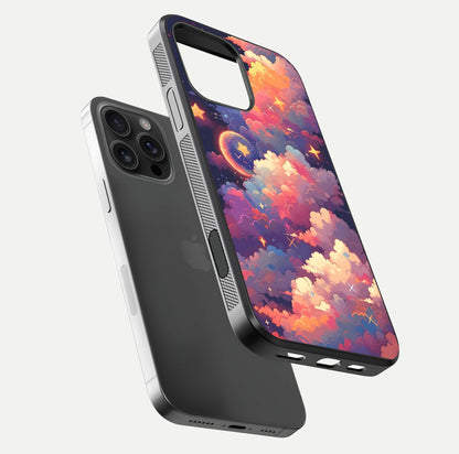 Starlit Dream Clouds Glass Case for iPhone 16 Pro Max floating dual-view mockup displaying gloss and soft light detail