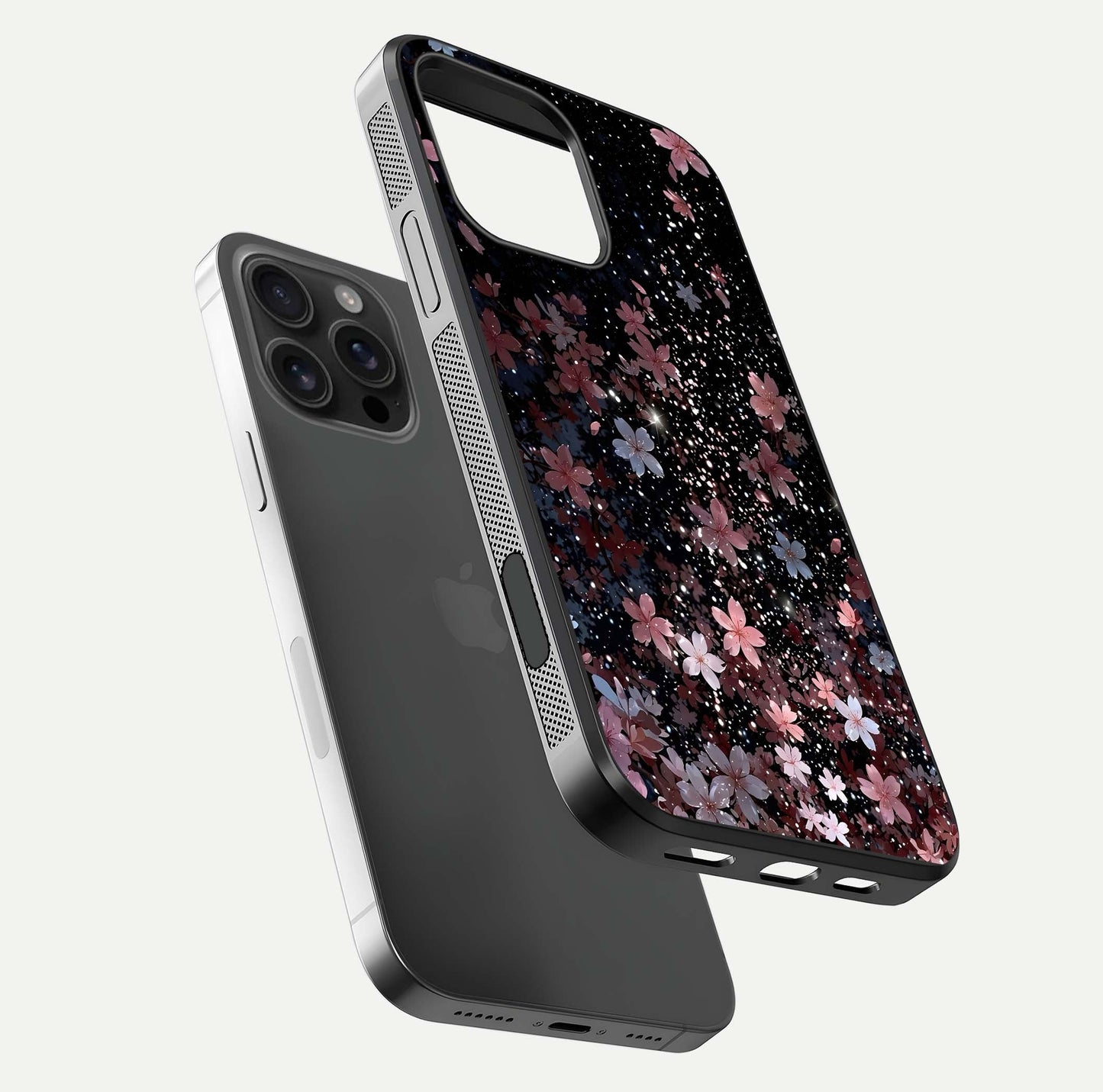 Starlit Flower Dreams Glass Case for iPhone 16 Pro Max floating dual-view mockup displaying gloss and print clarity