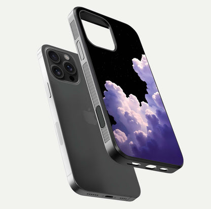 Starlit Night Whispers Glass Case for iPhone 16 Pro Max floating dual-view mockup displaying gloss surface and depth