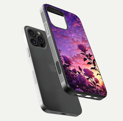 Starlit Rose Twilight Glass Case for iPhone 16 Pro Max floating dual-view mockup displaying gloss shine and depth