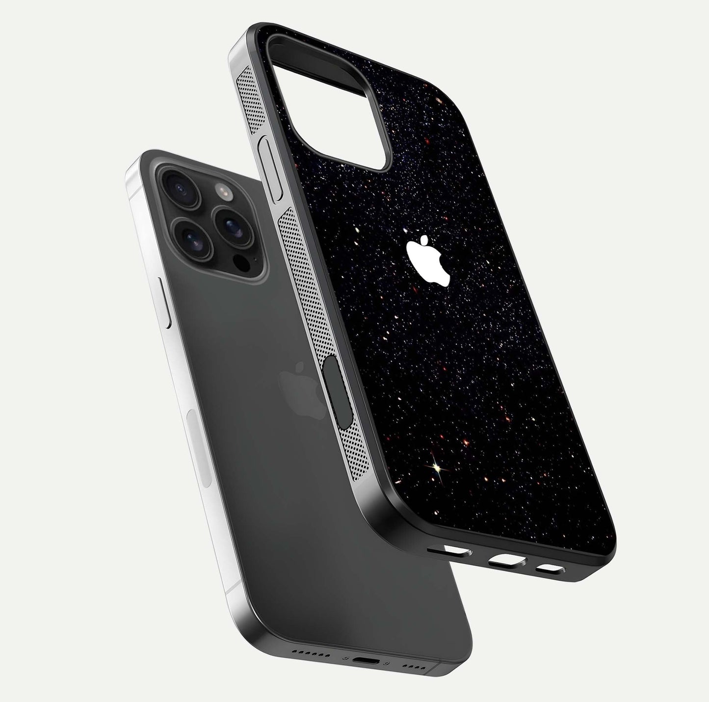 Starry Apple Galaxy Glass Case for iPhone 16 Pro Max floating dual-view mockup displaying reflection and shine