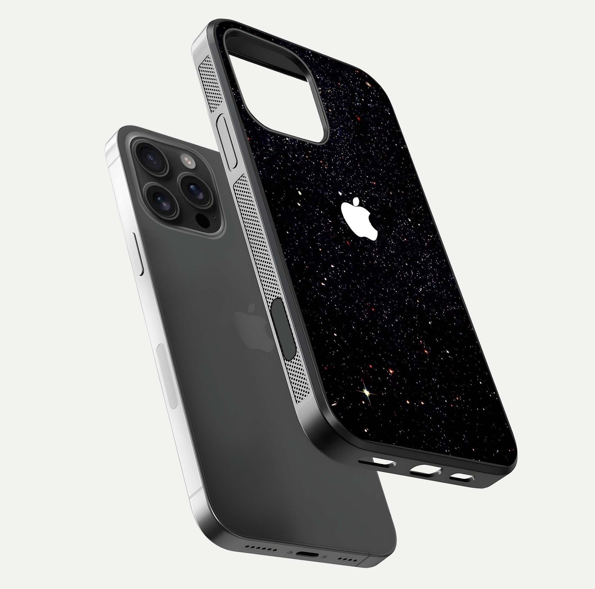 Starry Apple Galaxy Glass Case for iPhone 16 Pro Max floating dual-view mockup displaying reflection and shine