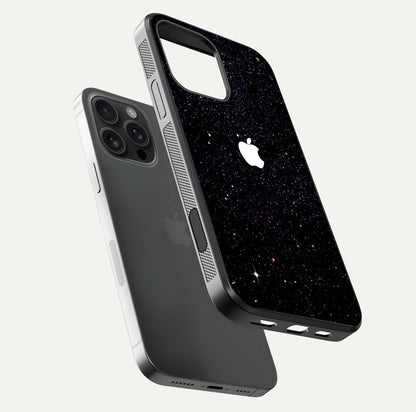 Starry Apple Galaxy Glass Case for iPhone 16 Pro Max floating dual-view mockup displaying reflection and shine