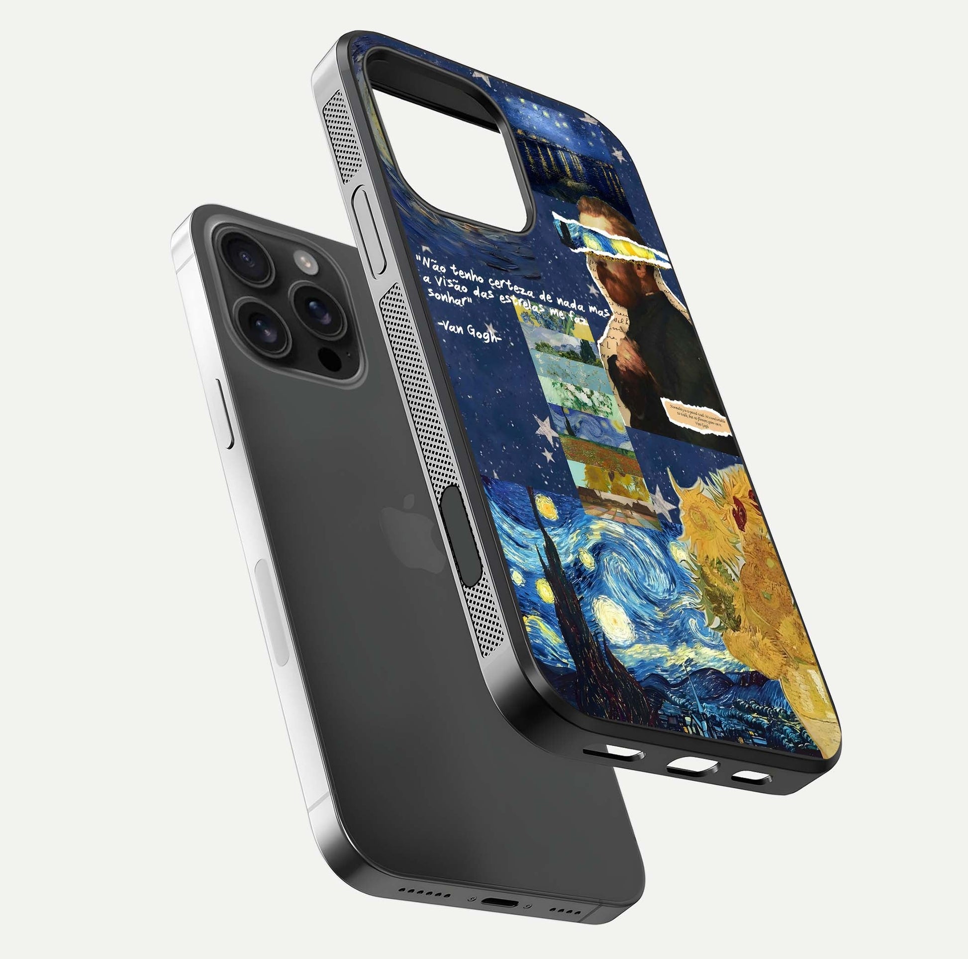 Starry Dream Vision Glass Case for iPhone 16 Pro Max floating dual-view mockup displaying gloss surface and clarity