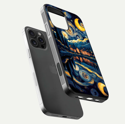 Starry Sky Serenity Glass Case for iPhone 16 Pro Max floating dual-view mockup displaying gloss texture and shine