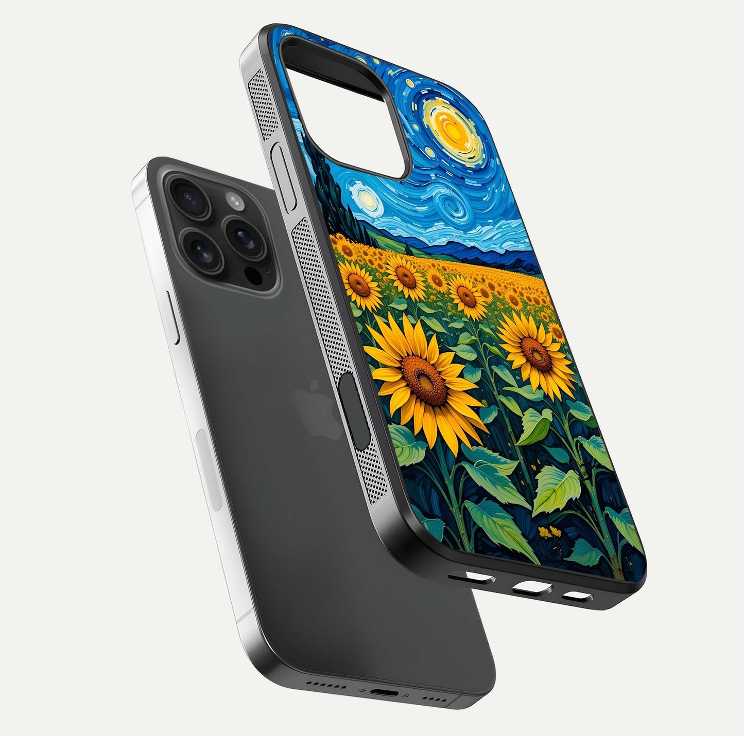 Starry Sunflower Dreams Glass Case for iPhone 16 Pro Max floating dual-view mockup displaying gloss and vivid print
