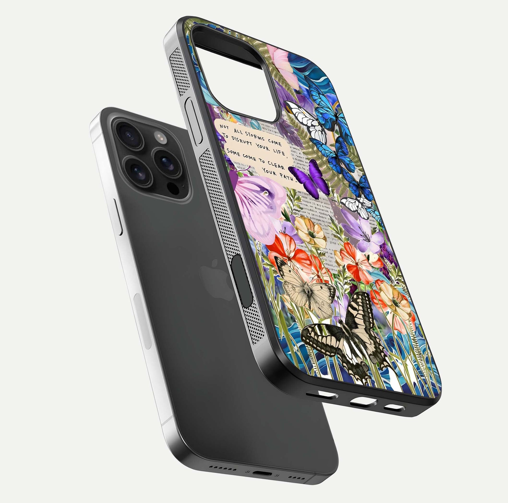 Storm Path Bloom Glass Case for iPhone 16 Pro Max floating dual-view mockup displaying gloss and pattern depth