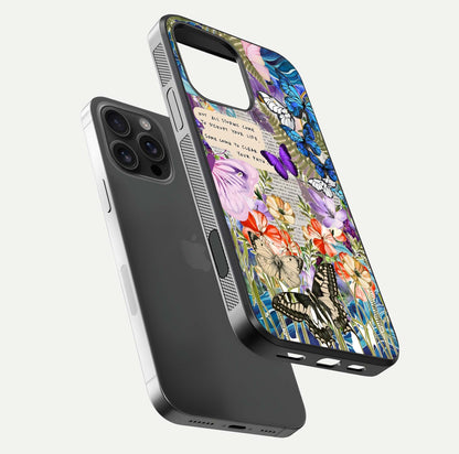 Storm Path Bloom Glass Case for iPhone 16 Pro Max floating dual-view mockup displaying gloss and pattern depth