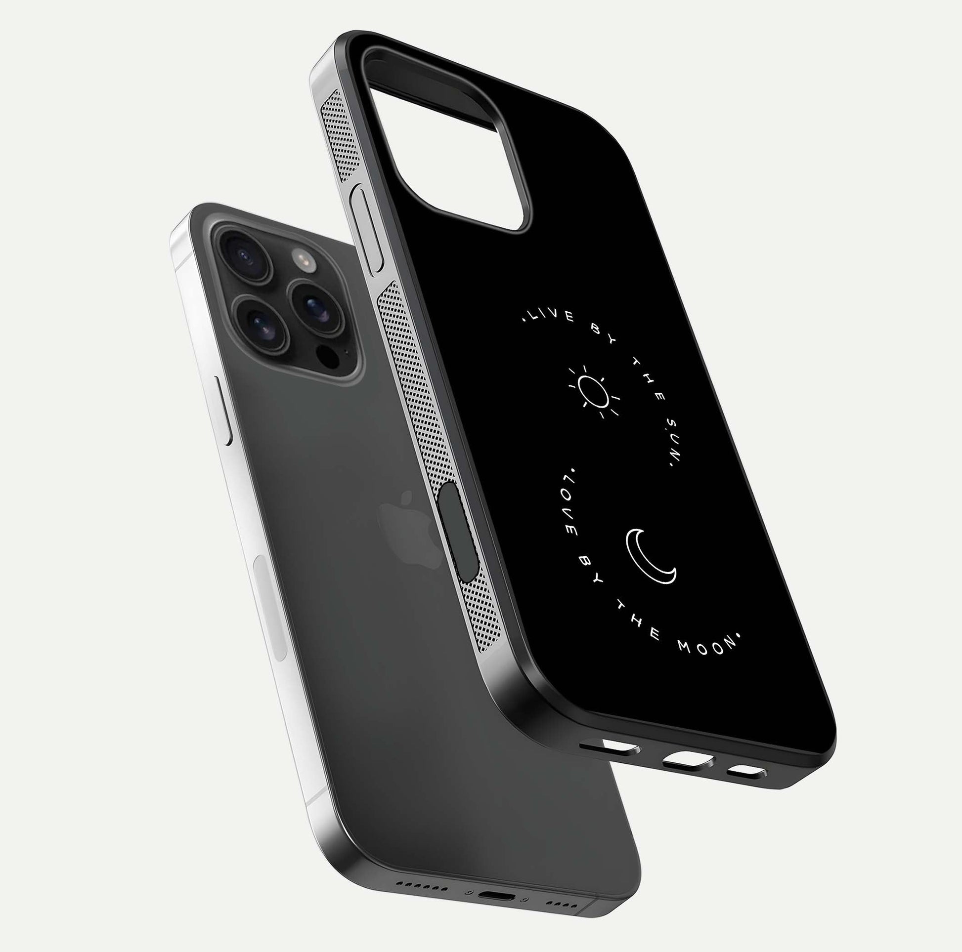 Sun Moon Balance Glass Case for iPhone 16 Pro Max floating dual-view mockup displaying gloss surface and edge clarity