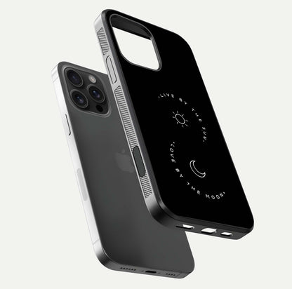 Sun Moon Balance Glass Case for iPhone 16 Pro Max floating dual-view mockup displaying gloss surface and edge clarity