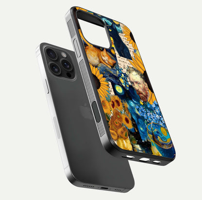 Sunflower Cat Art Glass Case for iPhone 16 Pro Max floating dual-view mockup displaying gloss shine and HD art print