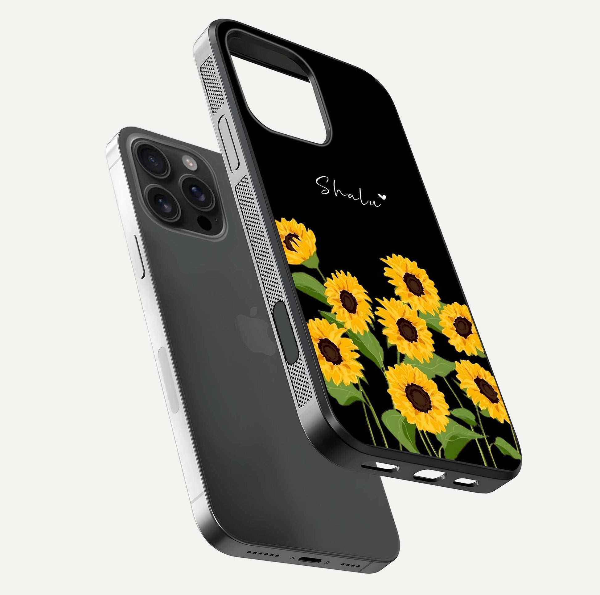 Sunflower Chic Mood Custom Name Glass Case for iPhone 16 Pro Max floating dual-view mockup displaying gloss texture and detail