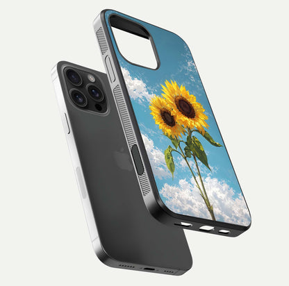 Sunflower Sky Bloom Glass Case for iPhone 16 Pro Max floating dual-view mockup displaying gloss shine and vibrant texture