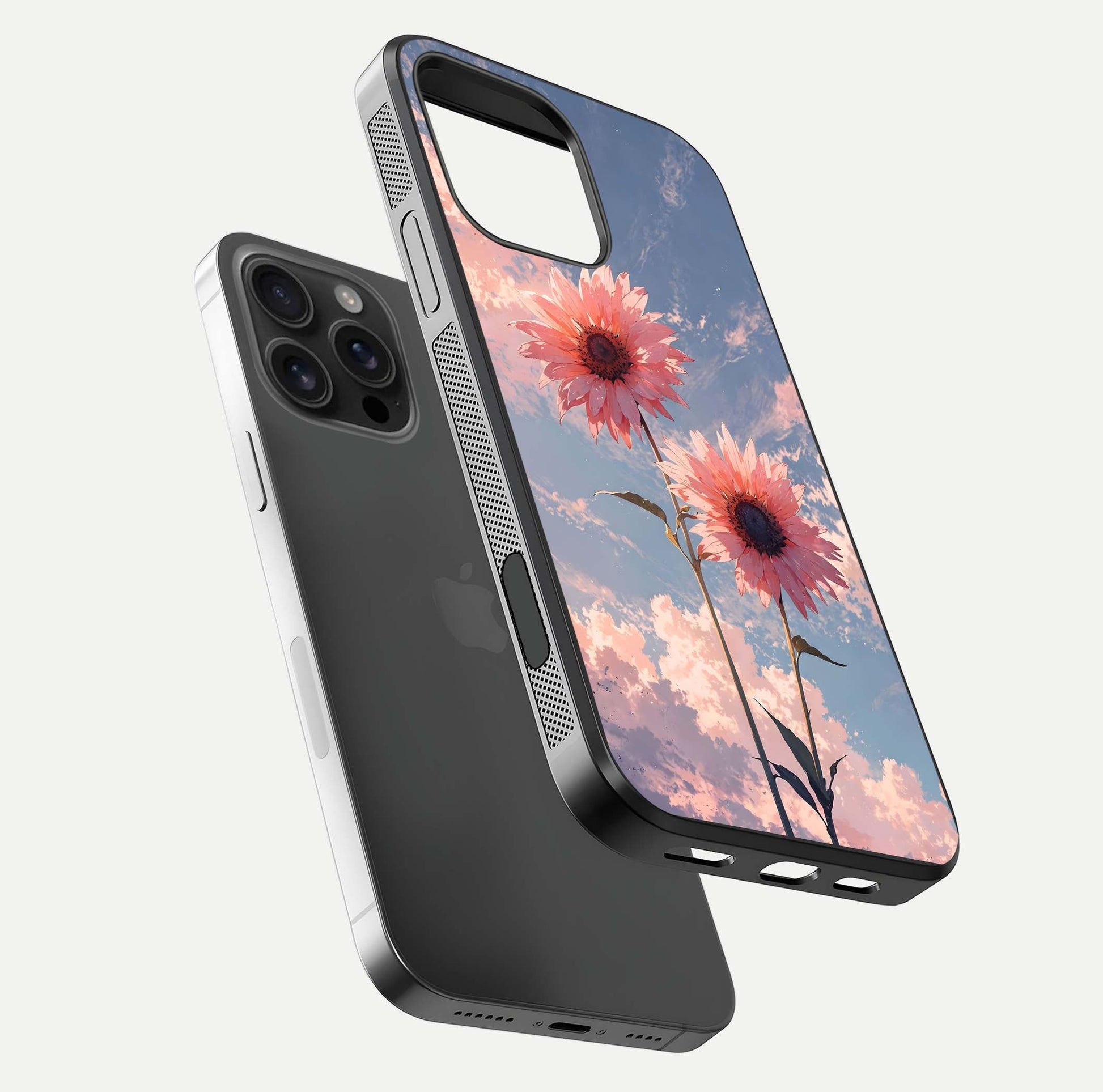 Sunlit Daisy Glow Glass Case for iPhone 16 Pro Max floating dual-view mockup displaying gloss finish and HD print