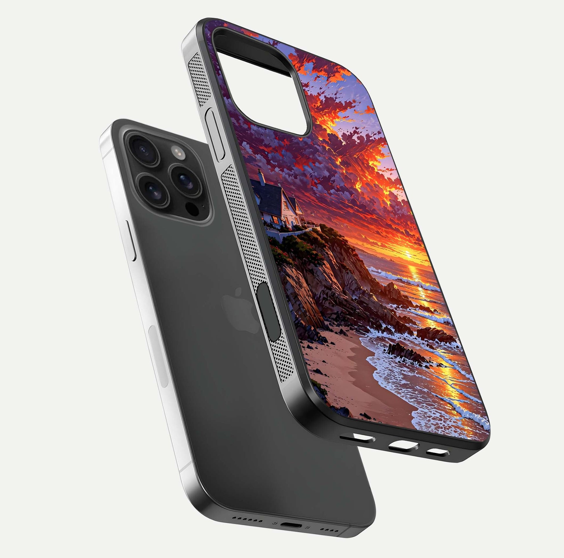 Sunset House by Sea Glass Case for iPhone 16 Pro Max floating dual-view mockup displaying gloss shine and depth