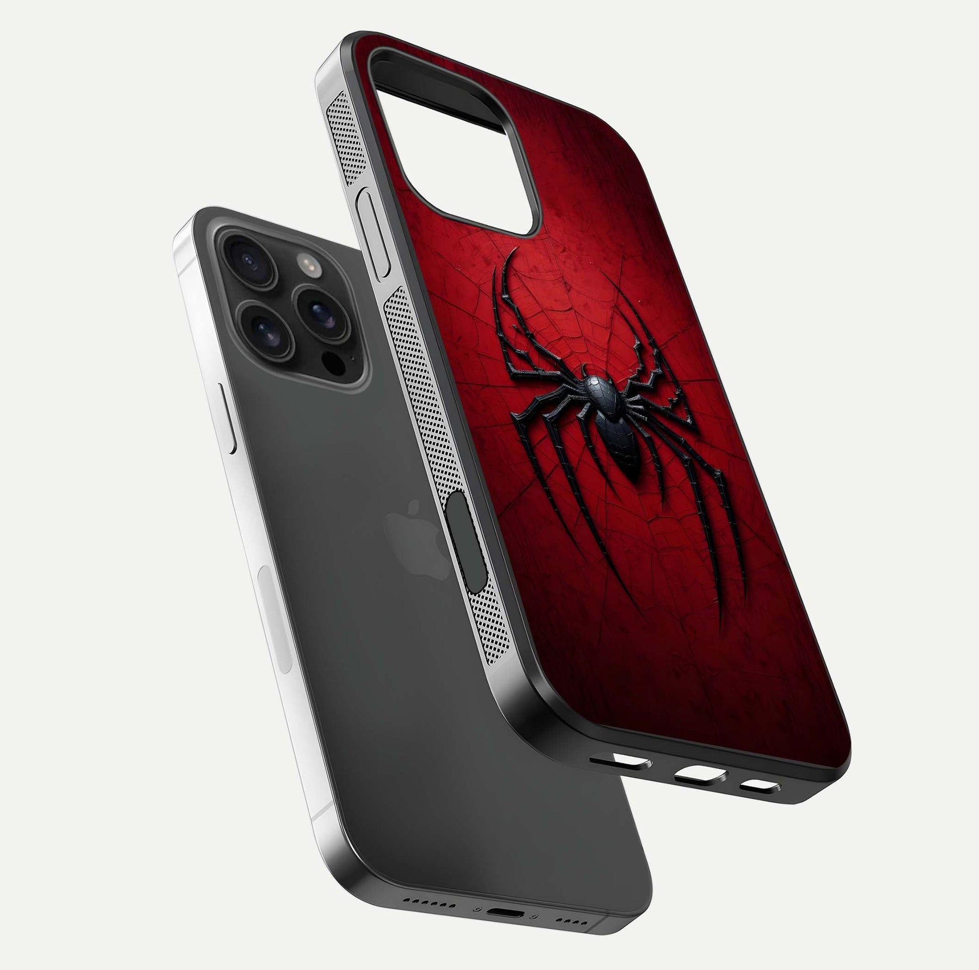 Venom Web Emblem Glass Case for iPhone 16 Pro Max floating dual-view mockup displaying gloss shine and HD print