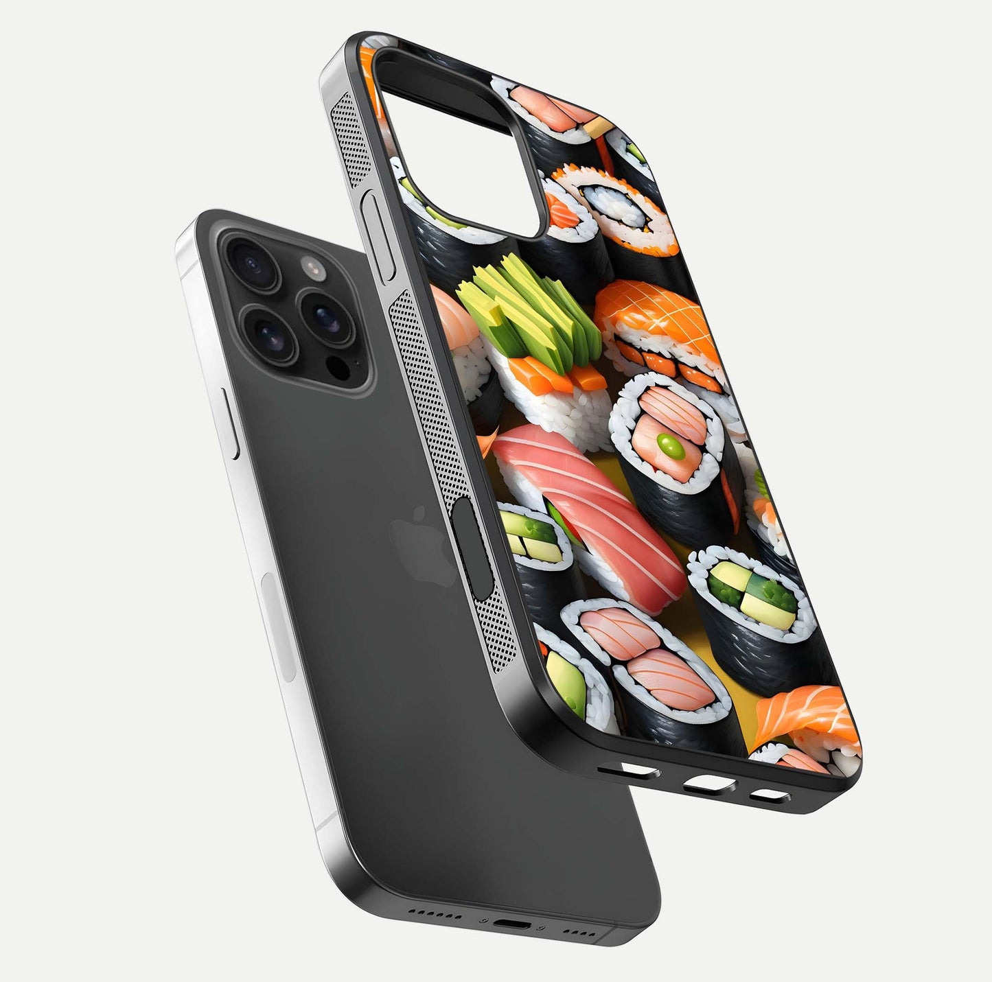 Sushi Food Pattern Glass Case for iPhone 16 Pro Max floating dual-view mockup displaying gloss and HD pattern