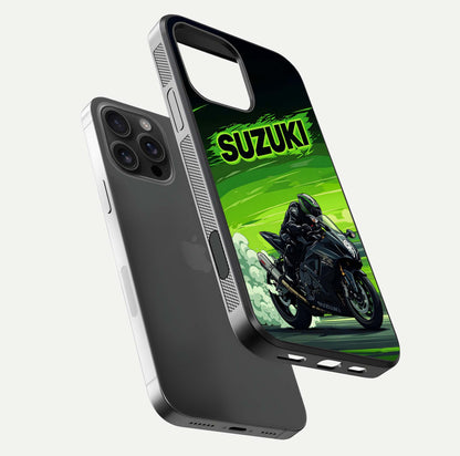 Suzuki Speed Beast Glass Case for iPhone 16 Pro Max floating dual-view mockup displaying gloss texture and shine