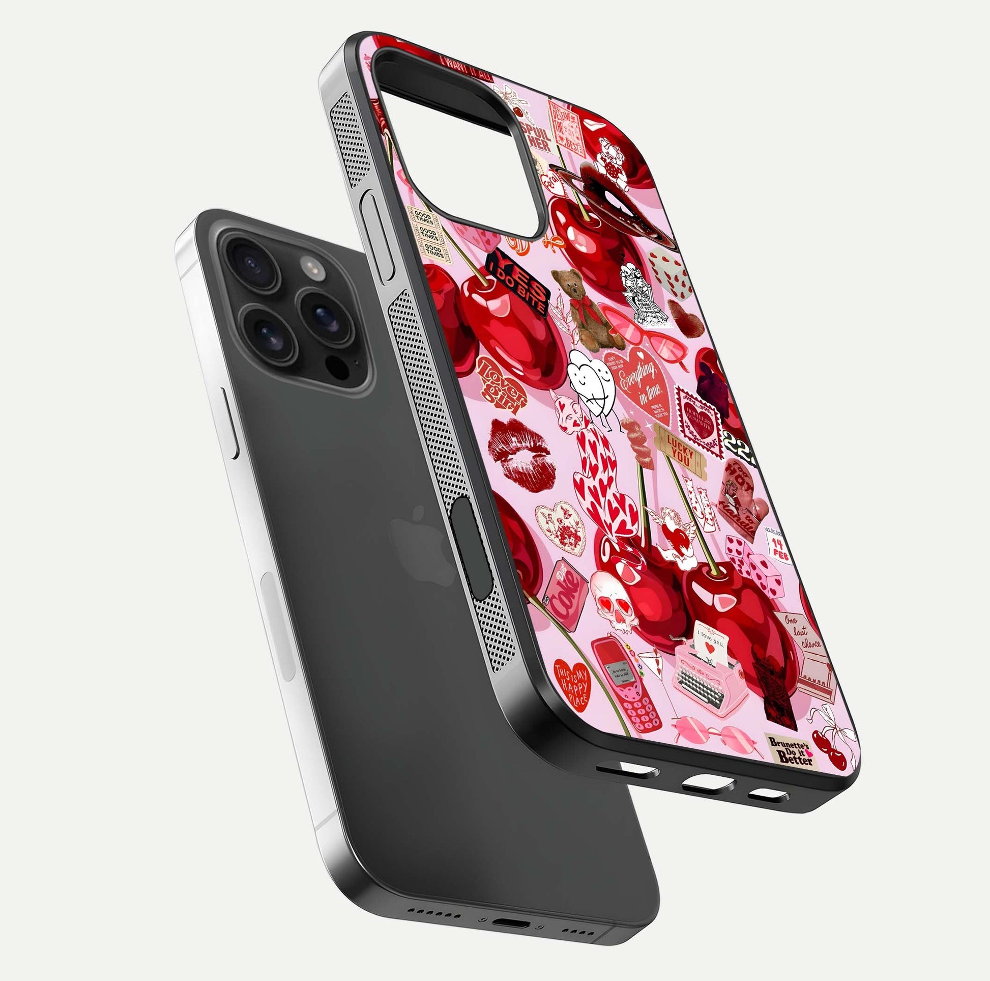 Sweet Cherry Chaos Glass Case for iPhone 16 Pro Max floating dual-view mockup displaying gloss surface and depth