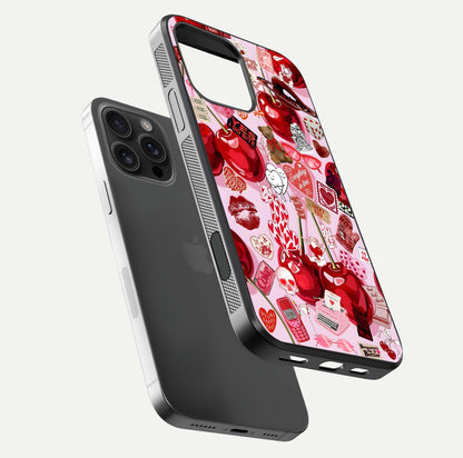 Sweet Cherry Chaos Glass Case for iPhone 16 Pro Max floating dual-view mockup displaying gloss surface and depth