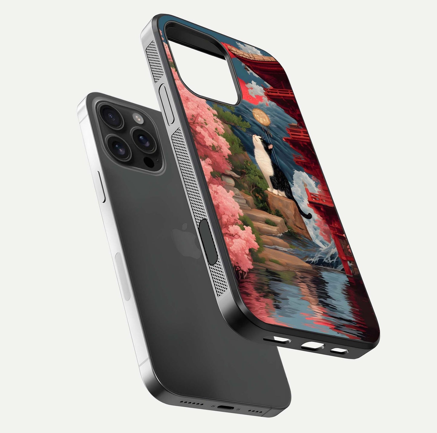 Temple Cat Scenery Glass Case for iPhone 16 Pro Max floating dual-view mockup displaying gloss and depth detail