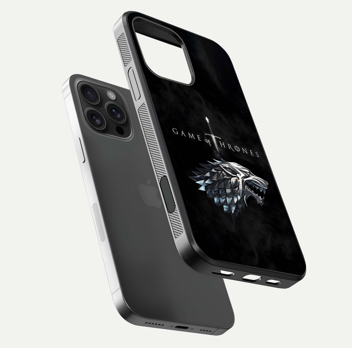 Throne Wolf Legacy Glass Case for iPhone 16 Pro Max floating dual-view mockup displaying gloss depth and wolf artwork