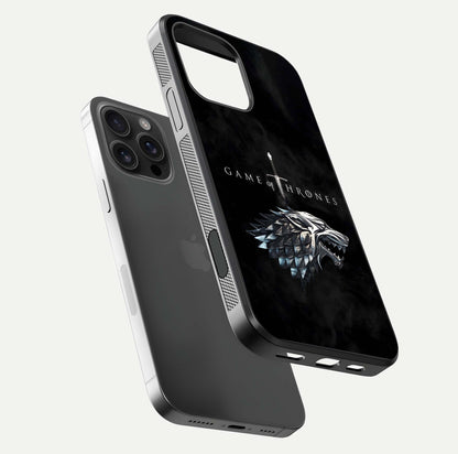 Throne Wolf Legacy Glass Case for iPhone 16 Pro Max floating dual-view mockup displaying gloss depth and wolf artwork