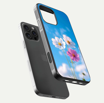 Triple Flowers With Sky Glass Case for iPhone 16 Pro Max floating dual-view mockup displaying gloss and soft hues