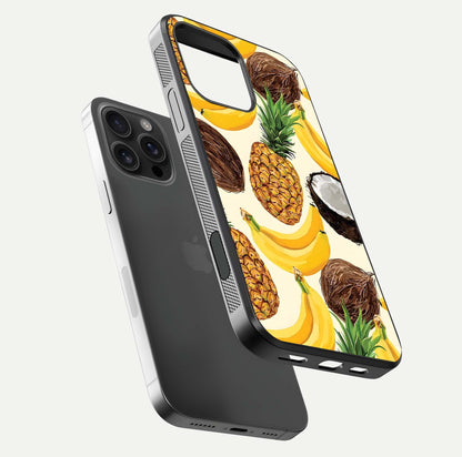 Tropical Fruit Mood Glass Case for iPhone 16 Pro Max floating dual-view mockup displaying gloss and vibrant colors