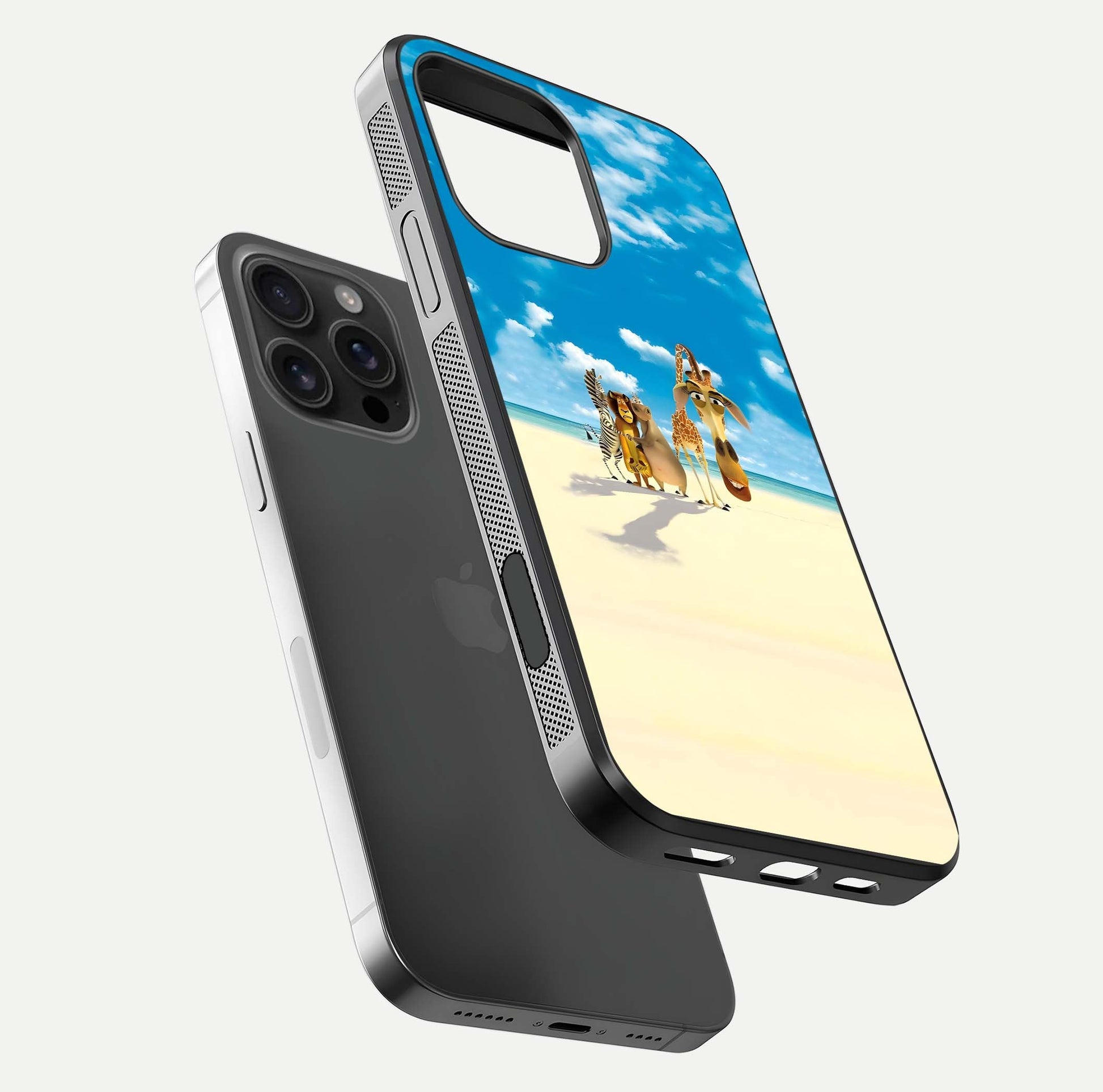 Tropical Fun Squad Glass Case for iPhone 16 Pro Max floating dual-view mockup displaying gloss reflection and contrast