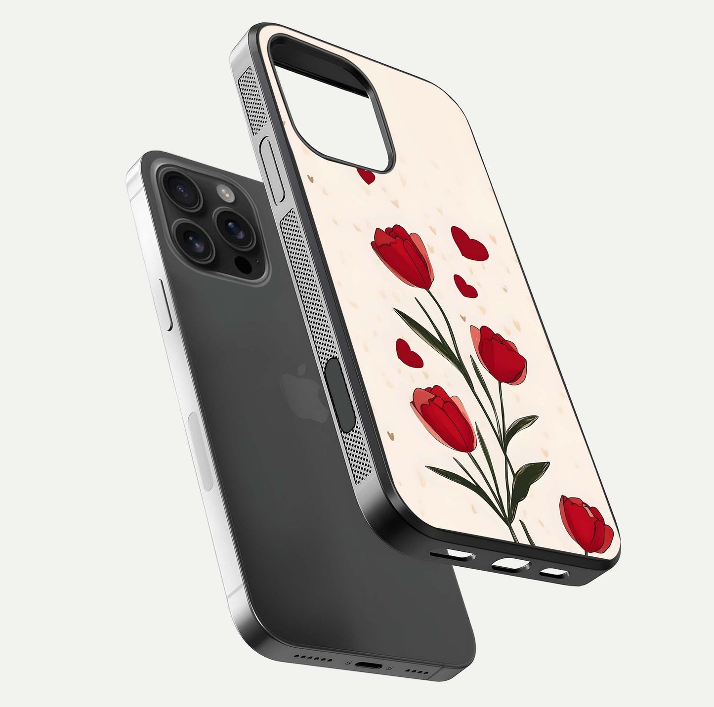 Tulip With Heart Glass Case for iPhone 16 Pro Max floating dual-view mockup displaying gloss texture and shine