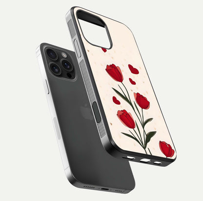 Tulip With Heart Glass Case for iPhone 16 Pro Max floating dual-view mockup displaying gloss texture and shine
