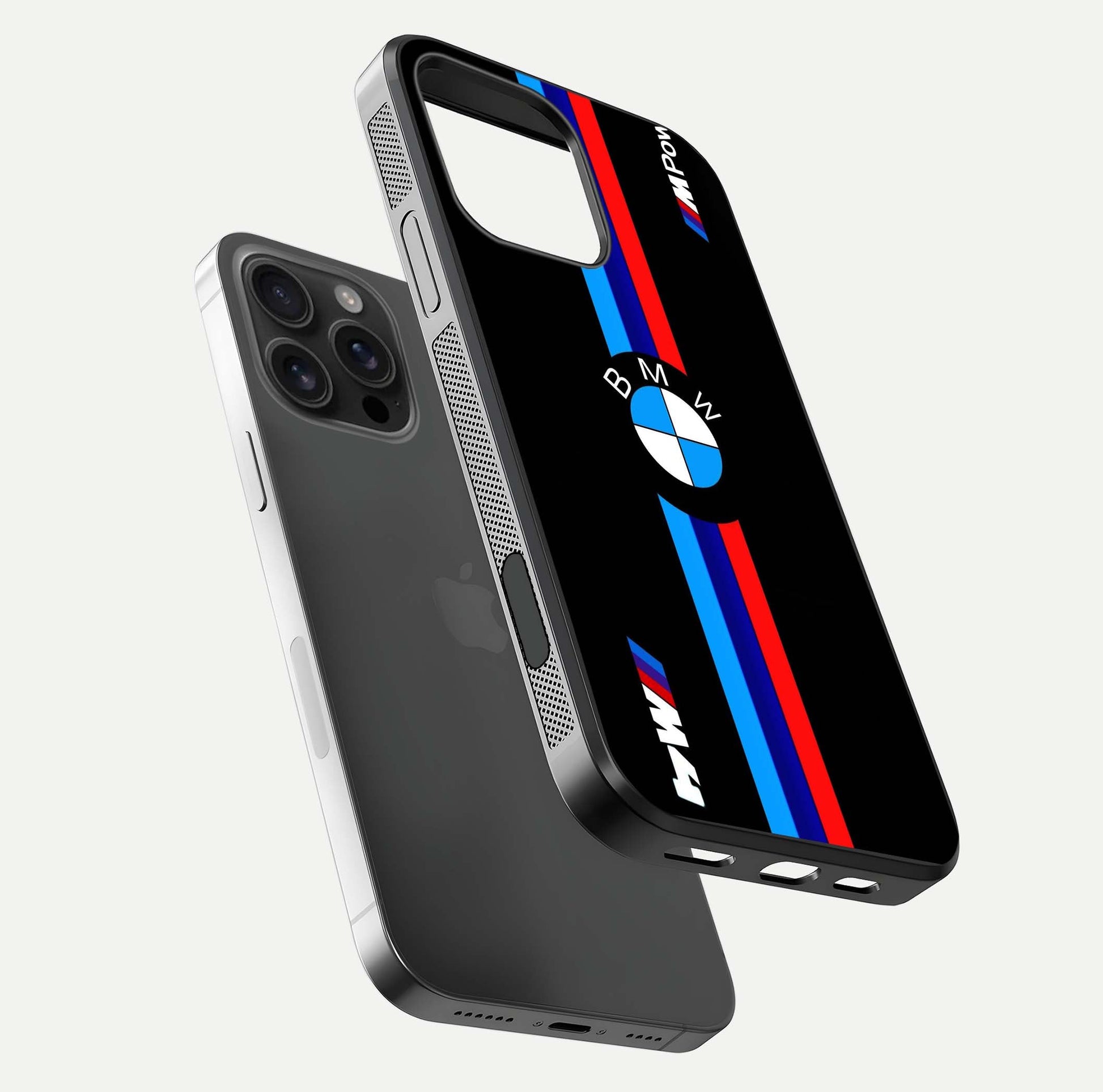 Turbo BMW Beast Glass Case for iPhone 16 Pro Max floating dual-view mockup displaying gloss texture and vivid print